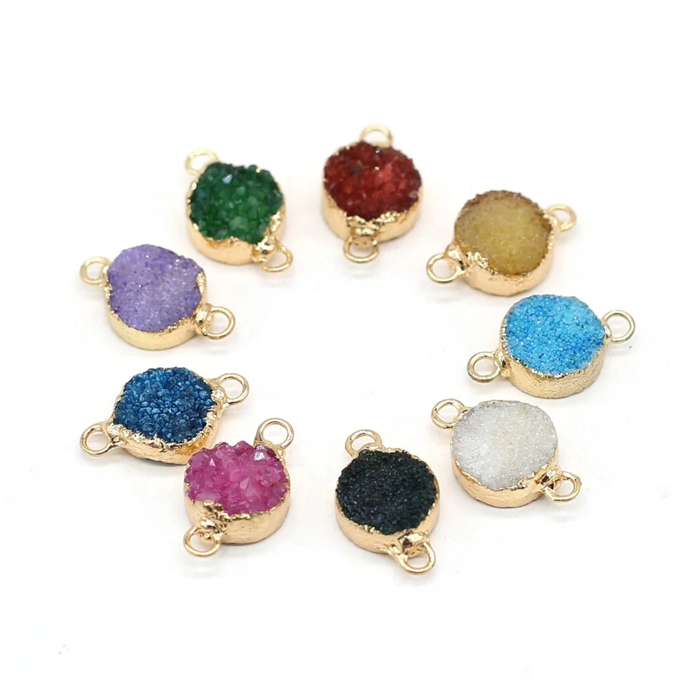 8mm/12mm/15mm Double Hole Gold Plated Druzy Quartz Charm Pendant Accessories for Jewelry Making Flat DIY Beads Connectors