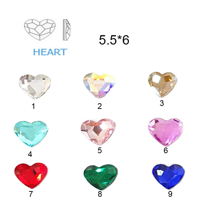 100pcs Crystal Glass Diamond Jewelry Flat Bottom Diamond For Mobile Phone Case Nails Decorations 6mm Loving Heart Nail Charm