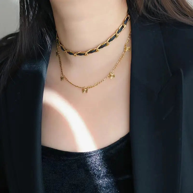 Aretas Women Cool Jewelry Stainless Steel Chain 18k Gold Plated Handmade Necklaces Cowhide Leather Choker Necklace Collar