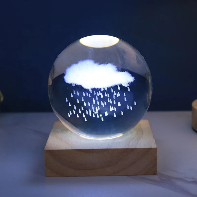 New Arrival Cute Rainy Cloud 50mm K9 Crystal Ball Customized 3d Laser Engraving Glass Ball With Light Base Display CBC-01