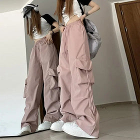 American Women's Pants Fashion High Waist Drawstring Loose Straight Side Pocket Solid Jogging Cargo Pants