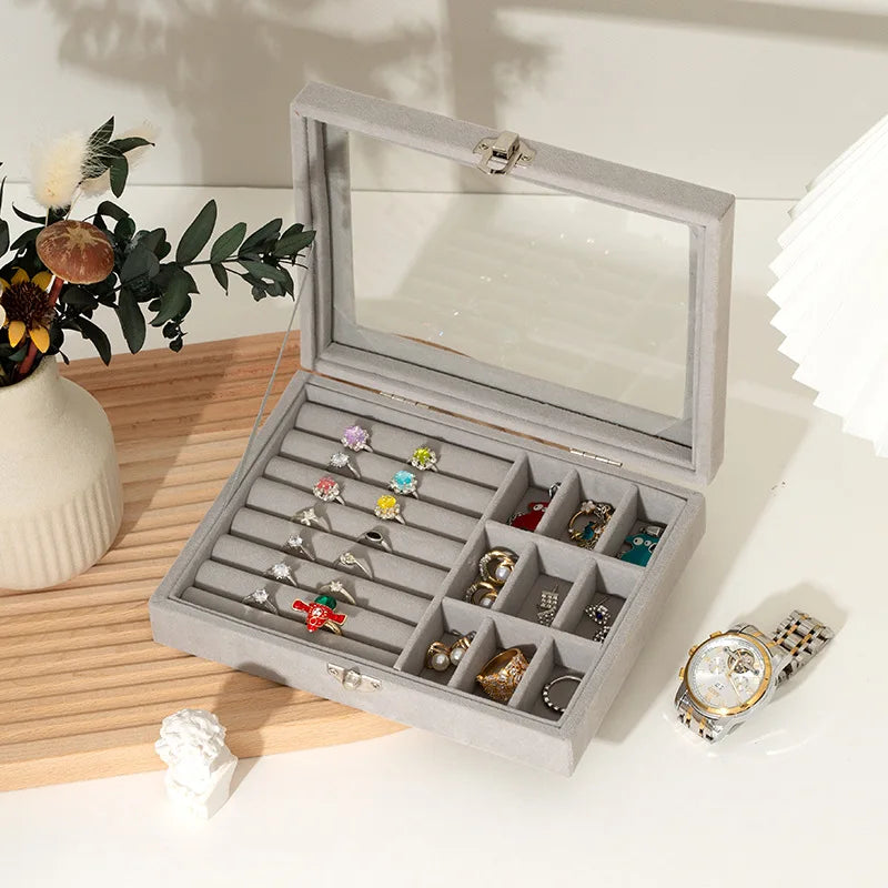 Custom Jewelry Organizer Boxes Display Travel Jewelry Case Portable Velvet Glass Cover Storage Ring Earrings Necklace Holder