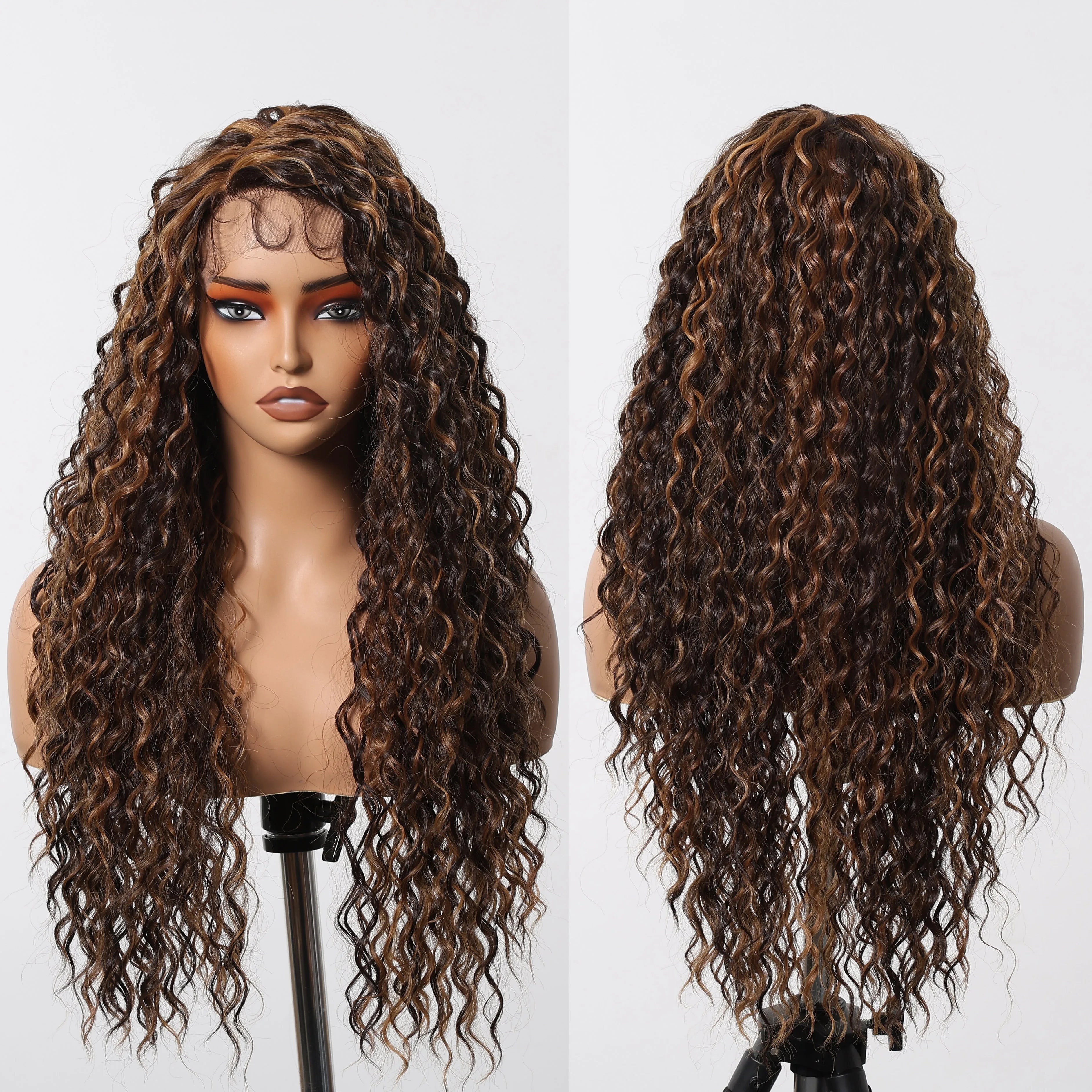 Future Fiber Brown Stripe Layered T-Shaped Front Strap Wig Long Wave Lace Synthetic Wig Heat Resistant Flexible Elastic