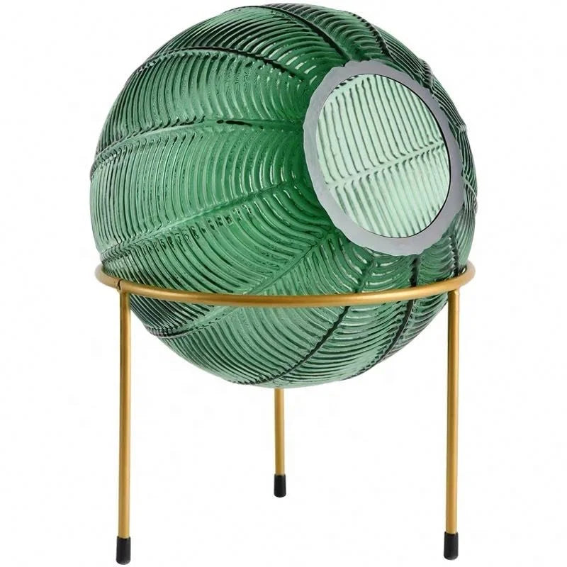 Professional Green Round Flower Glass Vase for Bar with Leaf Pattern