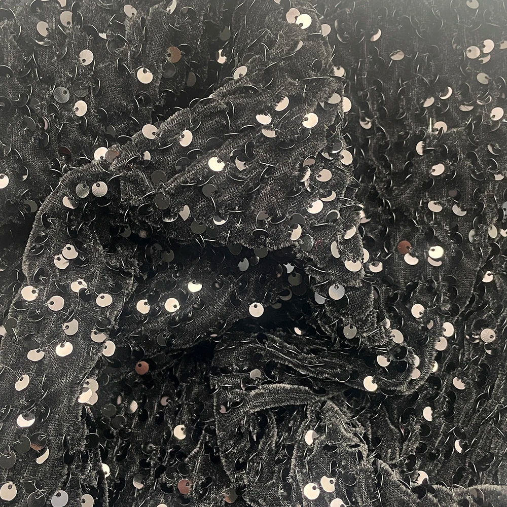 Hot Sale Black Polyester 5mm Sequin Embroidery Velvet Fabric Eco-Friendly Stretch Woven for Bags Home Textiles Accessories