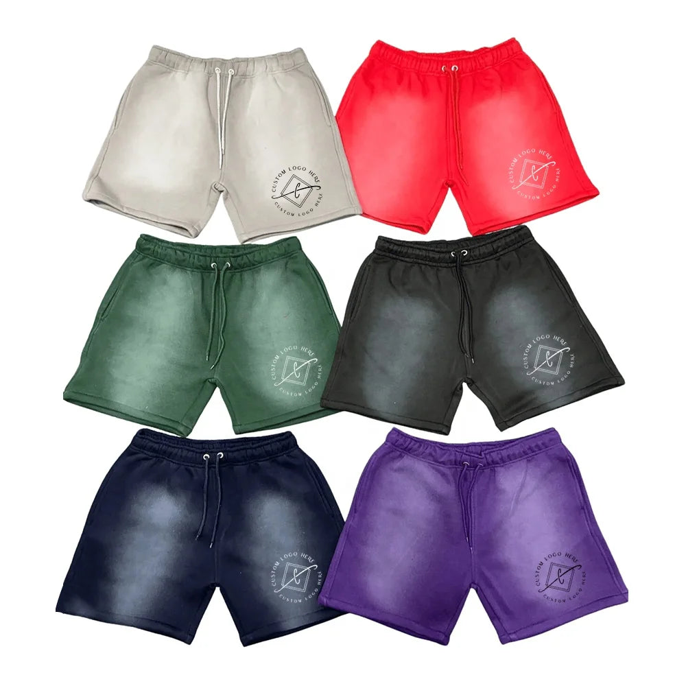 Custom Logo Vintage French Terry High Waist 100% Cotton Acid Wash Streetwear Eco-Friendly Cargo Shorts Elastic Waist
