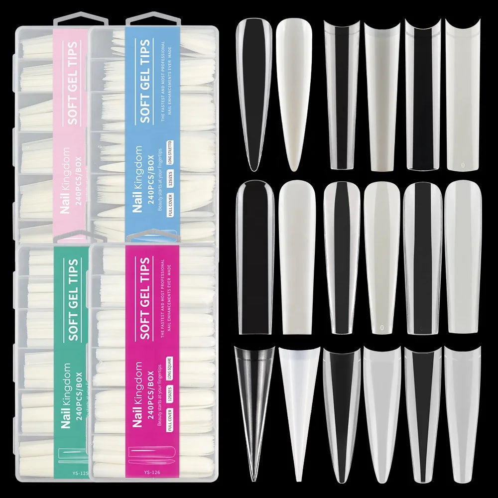 NEW 240pcs extra Long XXXL Nail Tips Full Cover Half Cover clear Nature Stiletto Almond Coffin Square Round Artificial Nail ABS