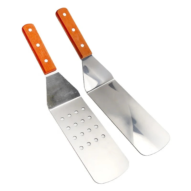 Stainless Steel Metal Turner Solid Cooking Perforated Cooking Spatula Hamburger Turner with Wooden Handle for Barbecue Steak