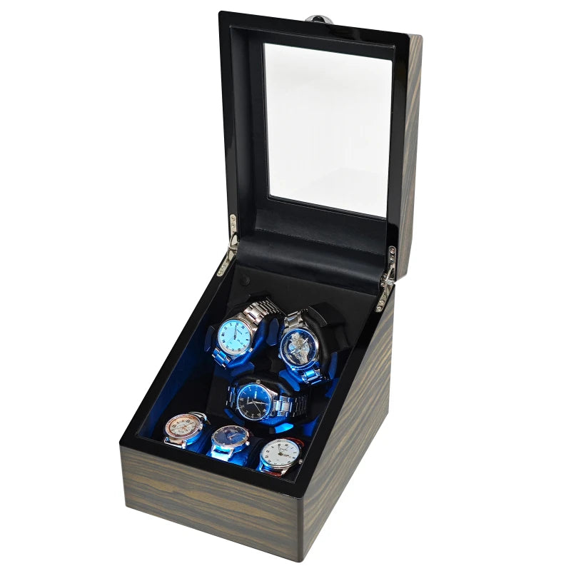 Auto-Stop LED Watch Winder Box Golden Sandalwood Lacquered 3+3 Watch Storage Case