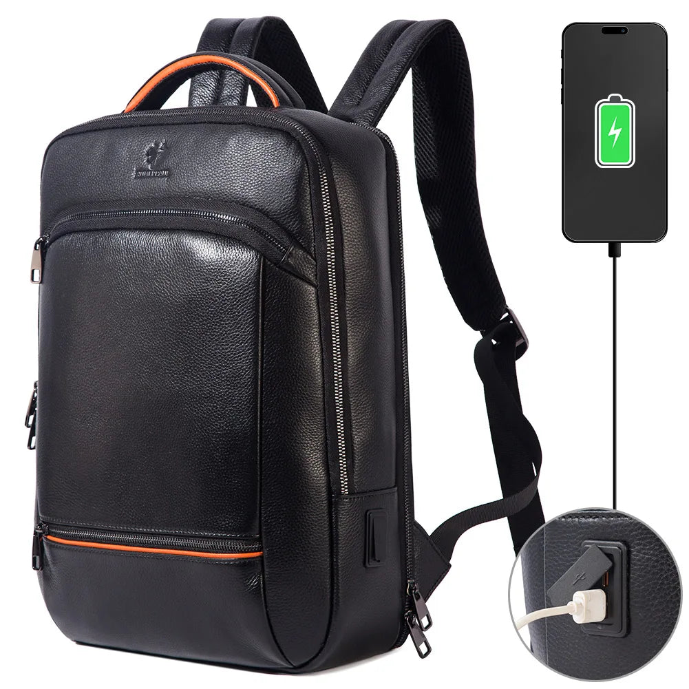 HUMERPAUL Custom Logo Laptop Backpack for Travel Genuine Leather Teen School Bag Business Work Daypack with USB Charging Port