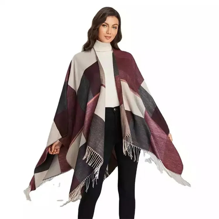New Fashion Acrylic Polyester Blend Women's Winter Warm Blanket Poncho Fringed Checked Knitted Vintage Shawl Scarf