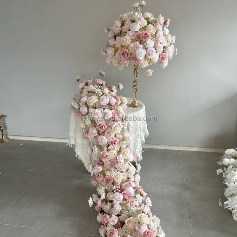 Custom Faux Pink & White Floral Arrangement Artificial Silk Rose Wedding Table Decor Party Event Aisle Runner & Centerpieces