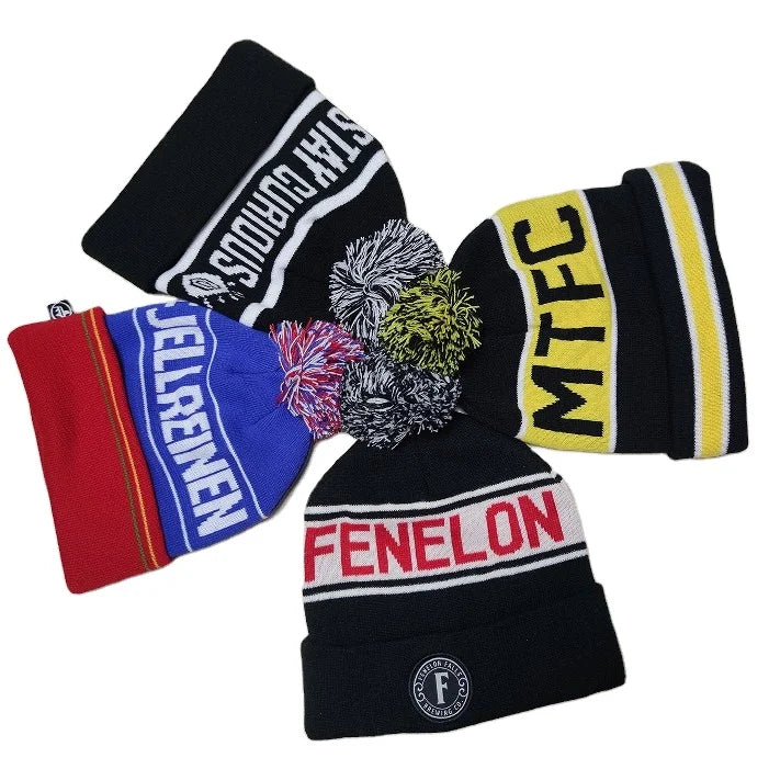 Customizable Navy Blue Winter Beanie Hat Pompom Knitted Sport Cap 3D Embroidered Letters Hand-Knit Woven Beanies Common Unisex