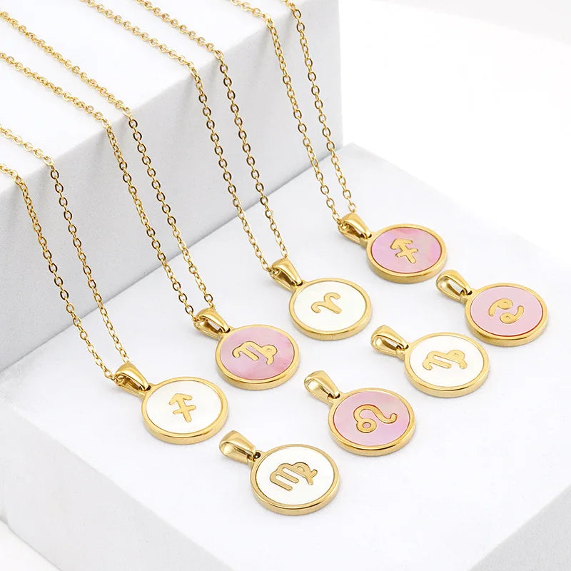 Dainty Shell Square 12 Zodiac Pendant Necklace for Women Gold-Plated Stainless Steel for Wedding Anniversary Jewelry Gifts