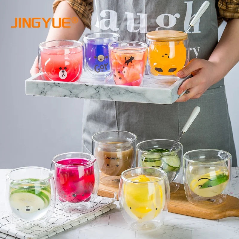 Popular Transparent Cute Cartoon Double-Wall Glass Cup Insulated Milk Juice Breakfast Drinkware Single Cup Brewers for Sale