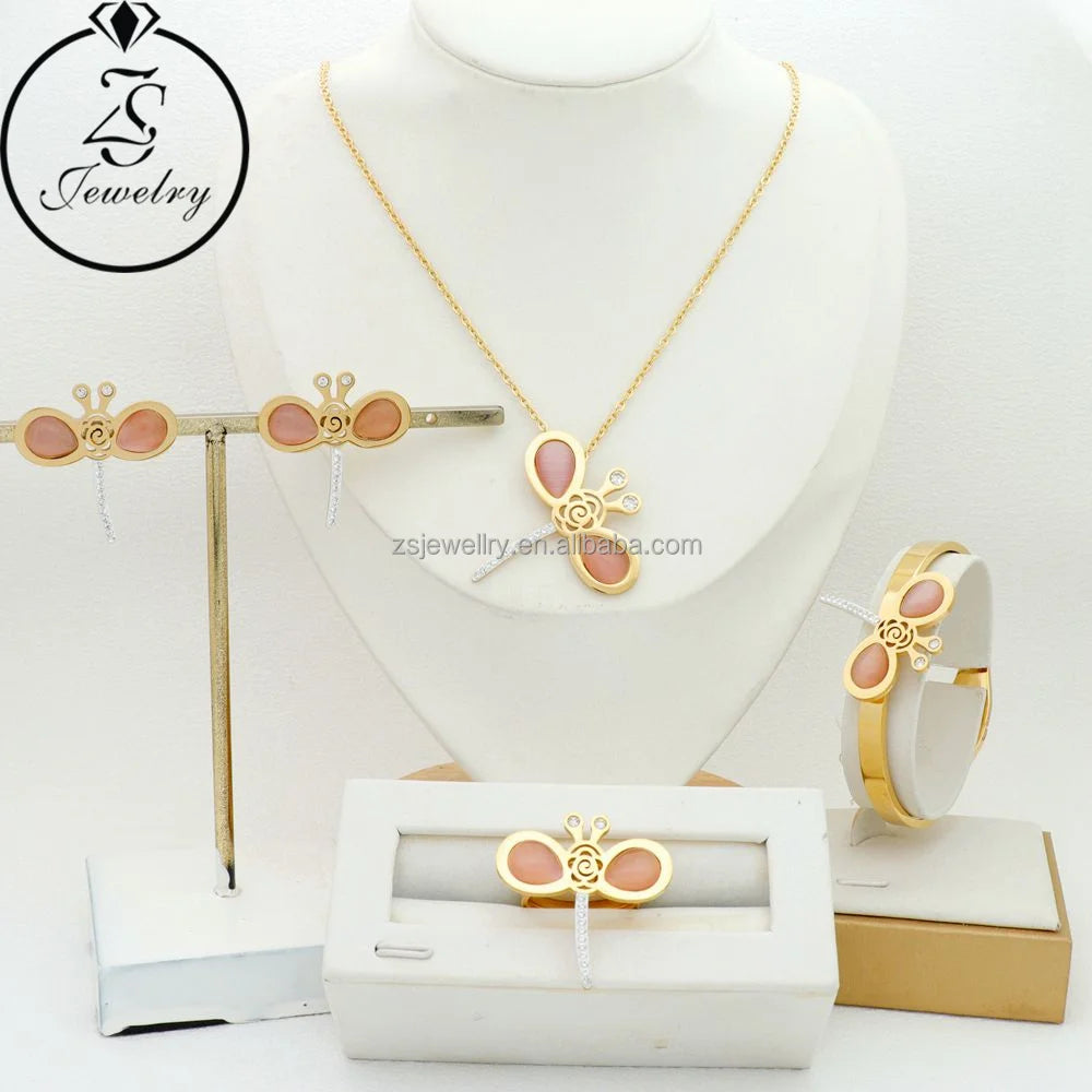 Diamond Necklace Earring Stainless Steel Gold Plated Women Female Indian Emeralds Green Jewelry Gifts Girl Sets
