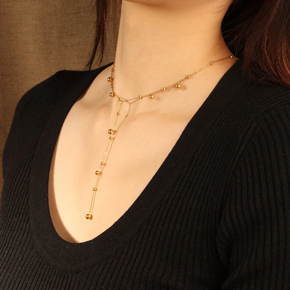 Chris April 316L Stainless Steel PVD Plated Minimalist Y Tassel Long Bead Chain Choker Necklace