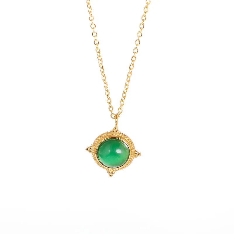 MICCI Wholesale Custom French Court Green Agate Semi Gemstone Star Embossed Stainless Steel Emerald Jade Agate Pendant Necklace