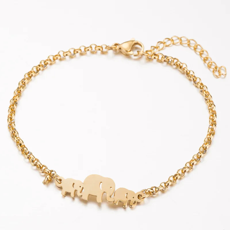 Lovely Adjustable Animal O Shape Chain Bracelets 18K Gold Plated Stainless Steel Three Little Elephants Bracelets