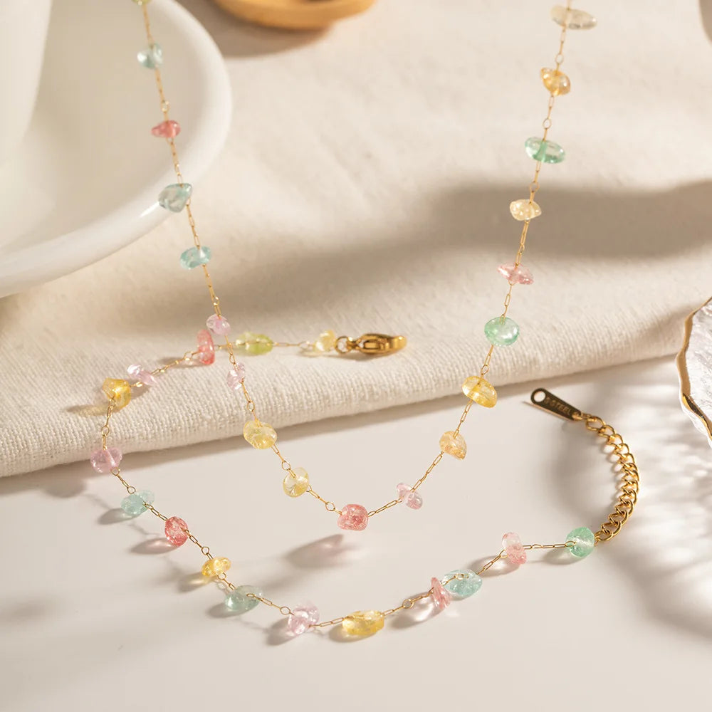 2023 Hot Summer Fashion Bracelet Colorful Natural Stone Bracelet Stainless Steel Stone Necklace for Women Wholesale