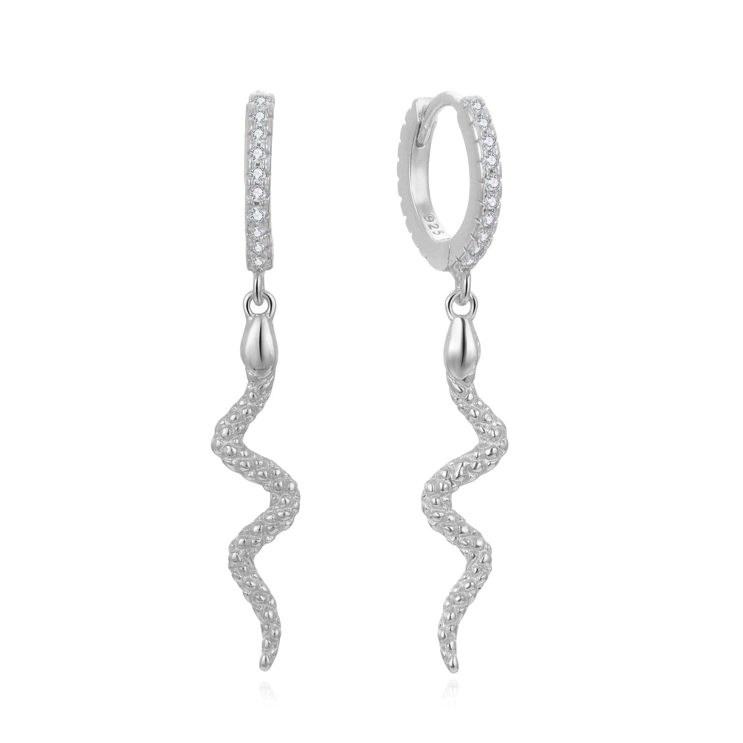 925 Sterling Silver Snake Drop Huggie Earrings Plain Serpent Charm CZ Accented Hoop Hypoallergenic Gothic Jewelry