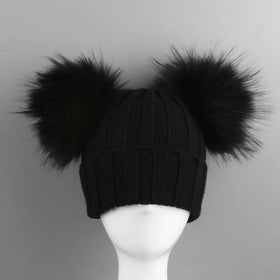 Unisex New Real Raccoon Double Fur Pom Hat Beanies for Kids Crochet Children Knitted Hats Cute Girl Boy Autumn Winter Knit Hat