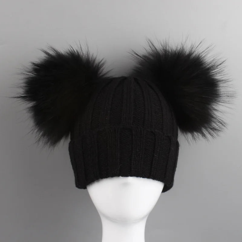 Unisex New Real Raccoon Double Fur Pom Hat Beanies for Kids Crochet Children Knitted Hats Cute Girl Boy Autumn Winter Knit Hat