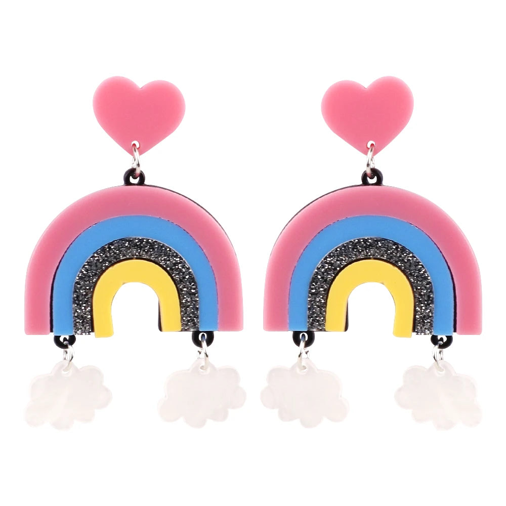 Lovely Cartoon Weather Resin Dangle Earrings Colorful Rainbow White Cloud Shiny Silver Spot Acrylic Drop Earrings Party Jewelry