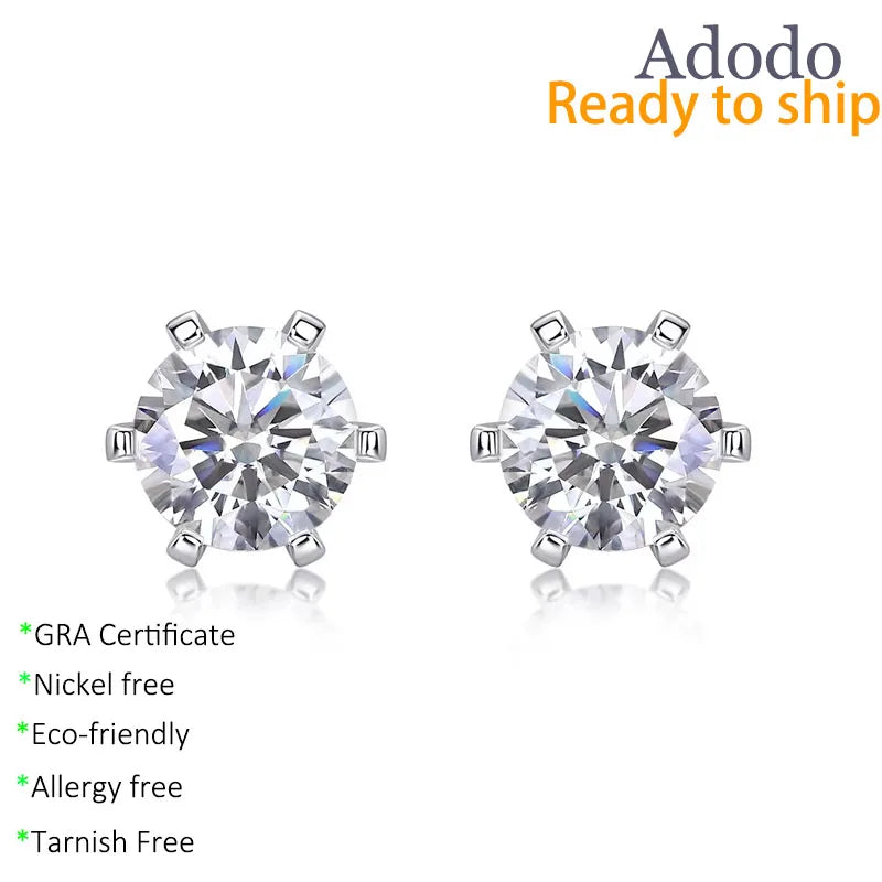 Hot Custom Six Claws 1CT Moissanite Stud Earrings 925 Sterling Silver Fine Jewelry for Women Men Certified with GRA Certificate