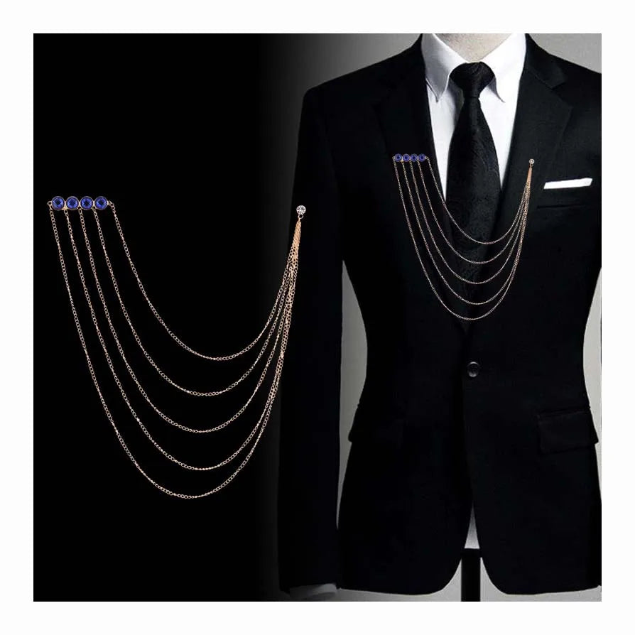 Diy Garment Suit Ornament Embellished Brooch Men Coat blazer Collar Vintage Crystal Rhinestones Long Chain Lapel Pins Brooch