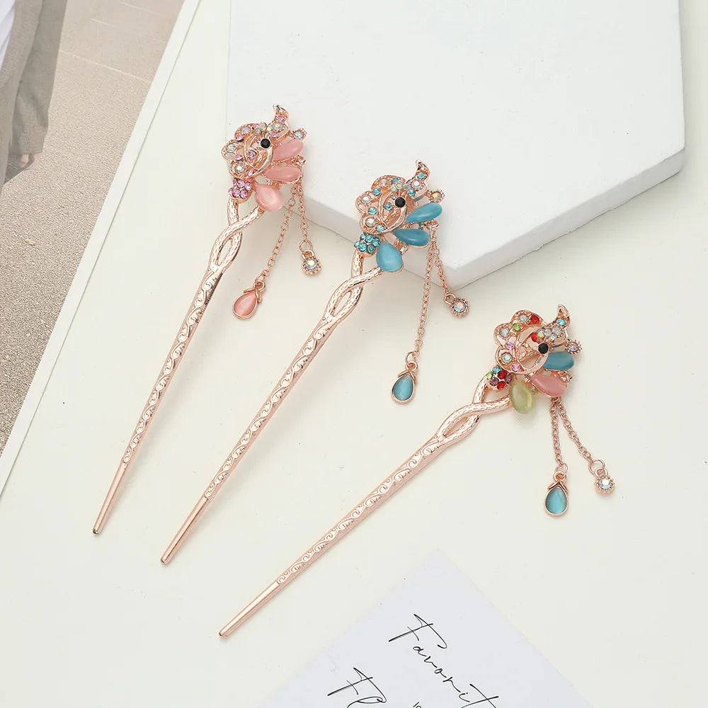 Rhinestones Hair Accessories for Women Girls Chinese Style Hair Pin Flower Tassel Metal Hair Stick