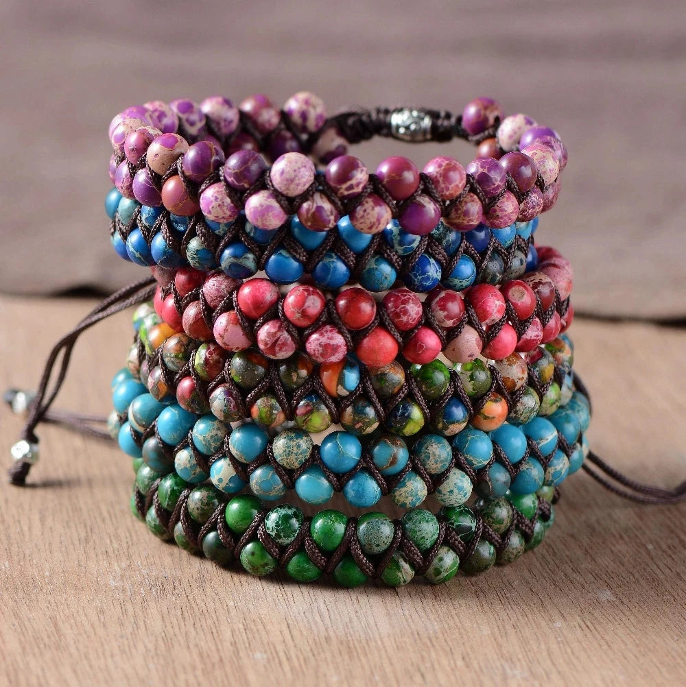 New Design Vintage Women Jewelry Gemstone Imperial jasper Stone Handmade Braided Cord Bracelet Friendship Bracelet
