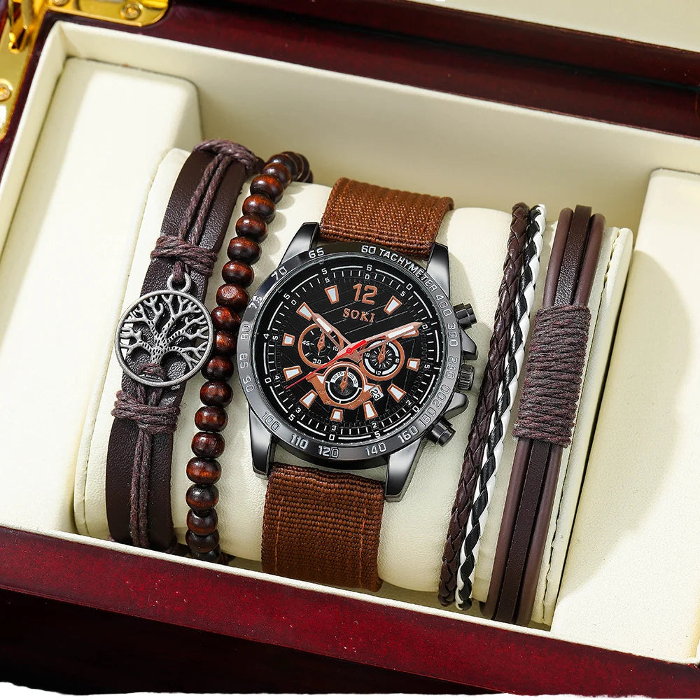 Men's Minimalist Sport Quartz Watches 5 Pcs/Set with Fabric Strap and Decorative Bracelet Fashionable Brand Gift Box Set