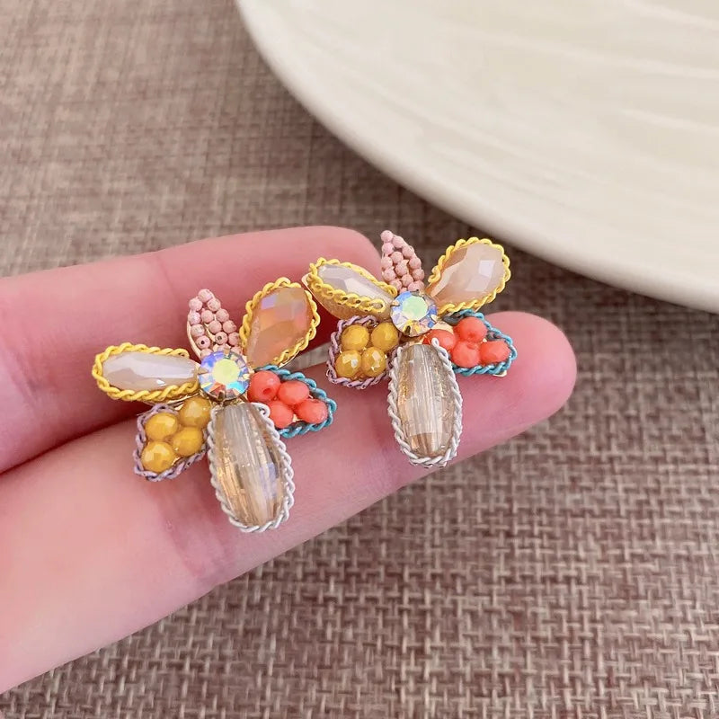 Light Luxury Brass Zircon Earring Colorful Stud Crystal Earring Beads Crystal Flower Earring for Women