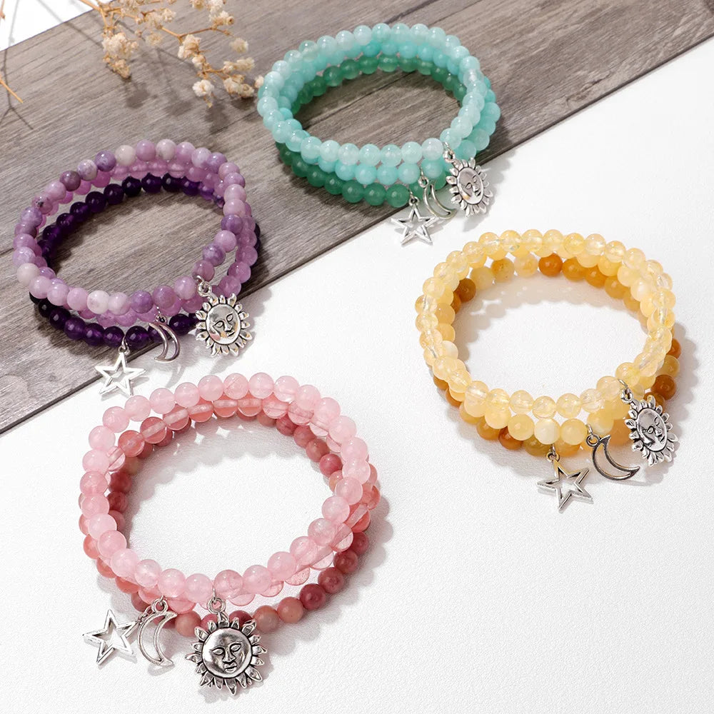 Light Luxury Style Crystal Stone Bead Bracelet Sun Moon Star Pendant with Agate New Small Design Fashion Beaded Bracelets Gift MegaBDM