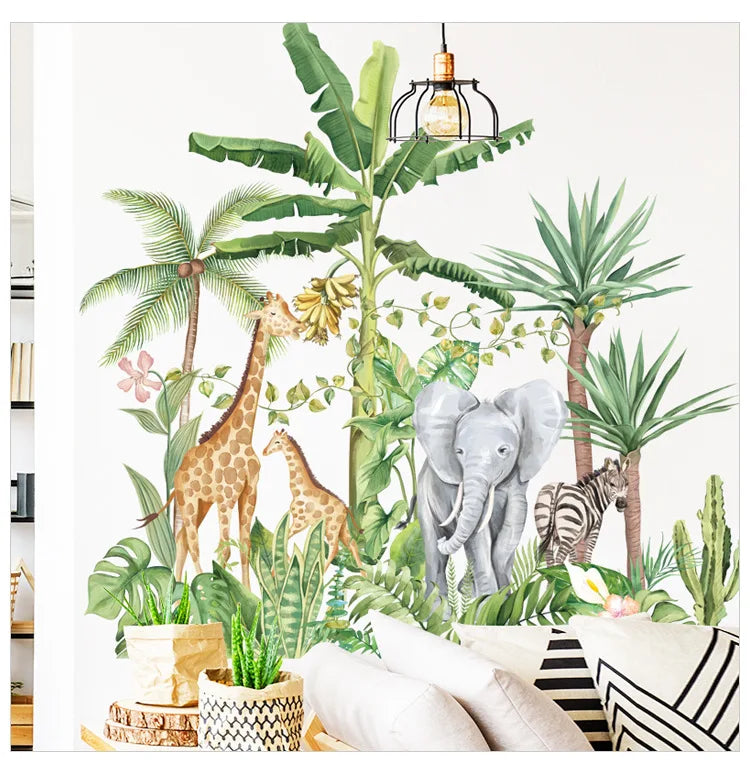 Green Tropical Plant Stickers Cartoon Elephant Giraffe Zebra Wallpaper for Kid's Bedroom Living Room Decorative Wall Decal