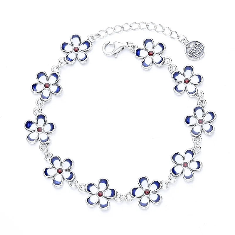Cute Sterling Silver 925 Enamel Daisy Flower Bracelet Bangle Jewelry for Girl Women