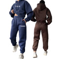 OEM Plus Size Ladies Drawstring Pullover Hoodies High Waist Sports Pant 2 Piece Set Casual Loose Tracksuit with Pocket