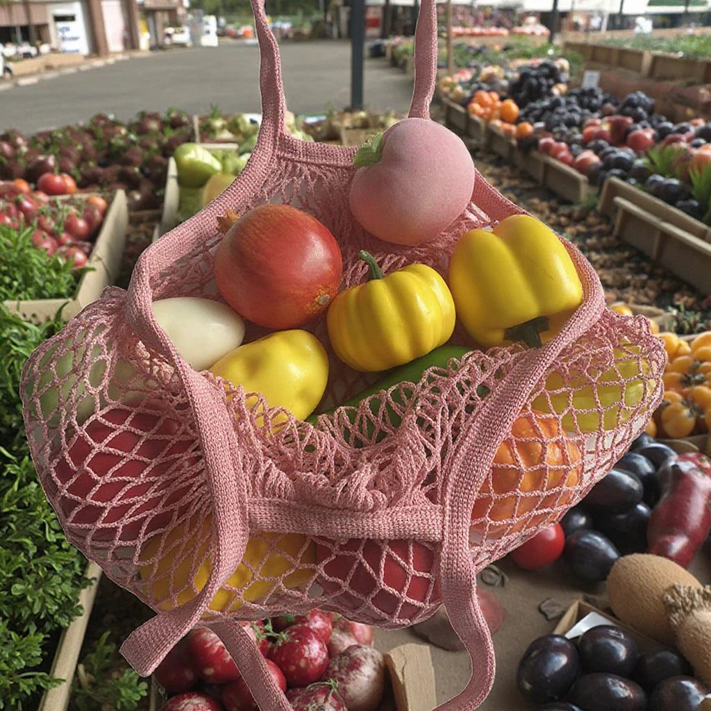 Tote Cotton Mesh Bag for Fruit Vegetable Mesh Shopping Bags Reusable Cotton Net Bags With Long Handle