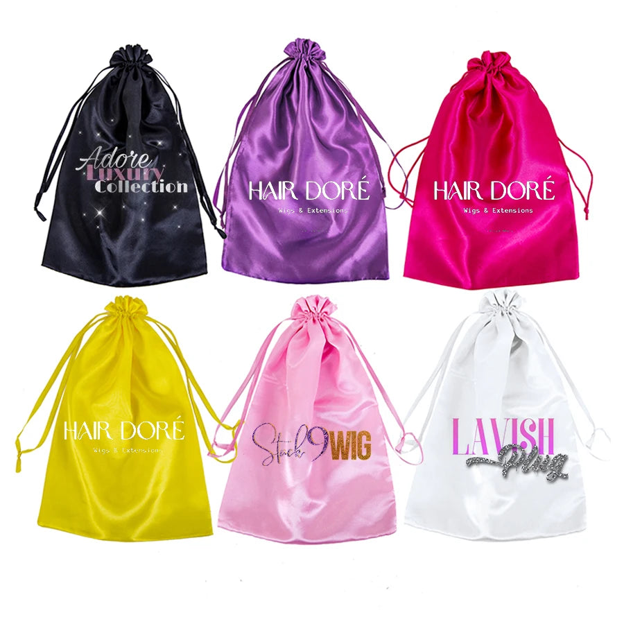 Leeons Custom Gold Dust Satin Security Drawstring Bag for Hair Extension Wig Jewelry Gift Packaging