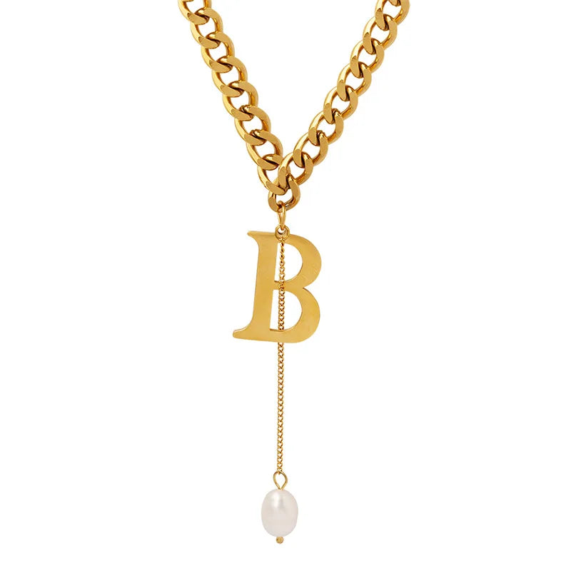 Fashion Trend Charm Designer Letter B Tassel Baroque Freshwater Pearl Link Chain Gold Plated Clavicle Necklace