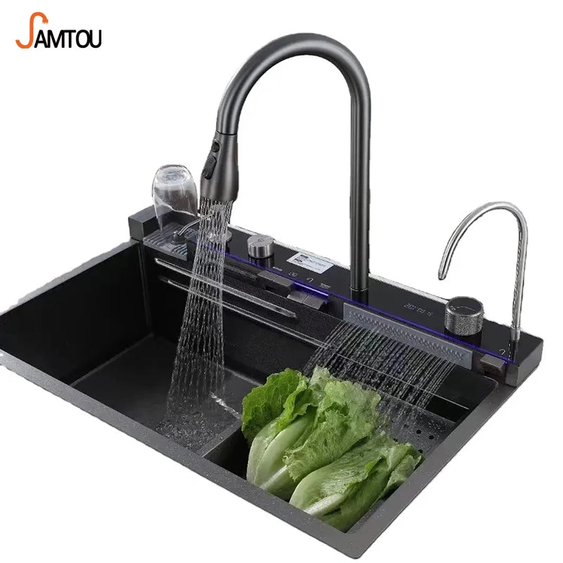 Led Multifunction Kitchen Sink Stainless Steel 304 Piano Key Large Single Slot Flying Rainfall Kitchen Sink With Cup Wash