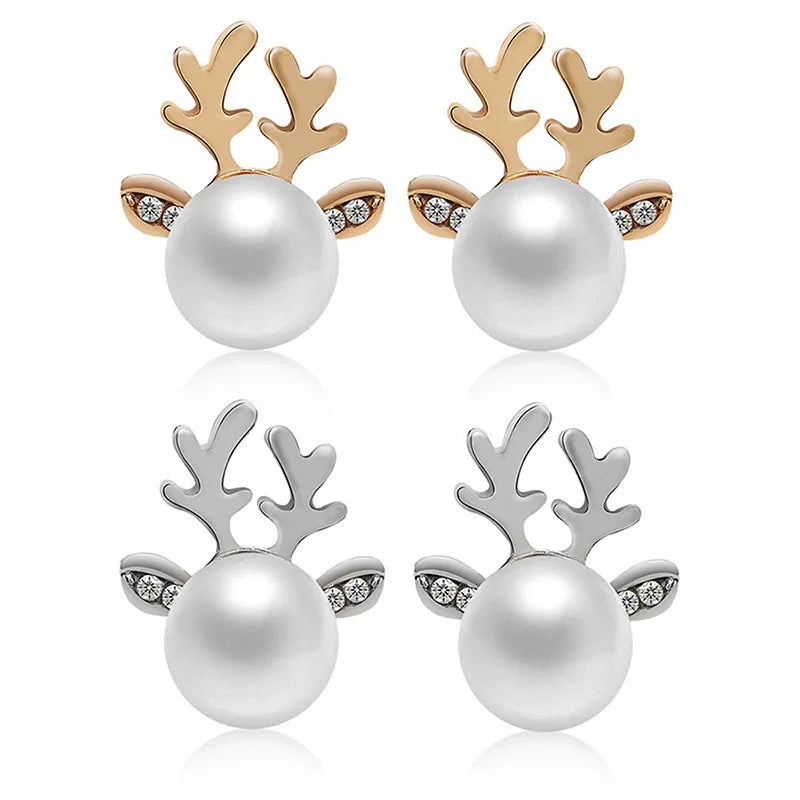 Fashion Christmas Jewelry Gift Cute Pearl Reindeer Korean Style Statement Earring Girl's Stud Earrings