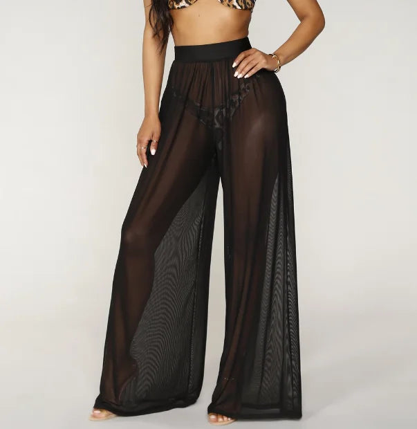 STOCK 2Colors Wide Waist Band Sheer Mesh Long Pant Loose See Through Beach Pant S-2XL