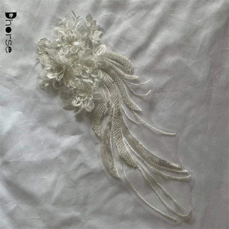 Wholesale Eco-Friendly White 3D Flower Embroidery Lace African Applique with Voile and Sequins for Dresses