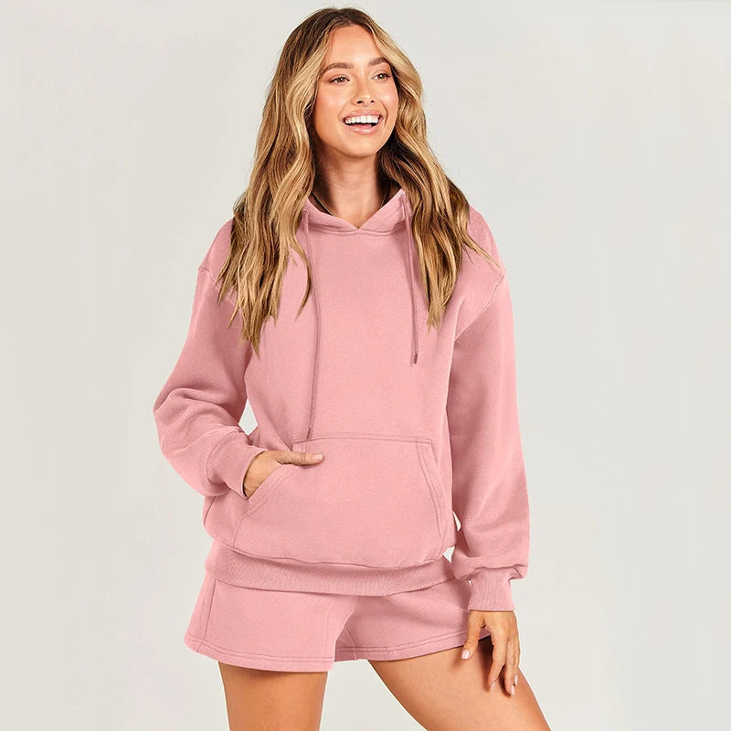 Custom Oversized Cotton Polyester Fleece Sweatshirt Hoodie Short Suit Set for Women Breathable Winter Outfit with Hooded Collar