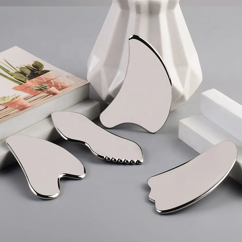 Bulk Custom Logo Metal Gua Sha Board Long Scraping Facial Massage Teeth Body Guasha Massage Tool Stainless Steel Face Gua Sha