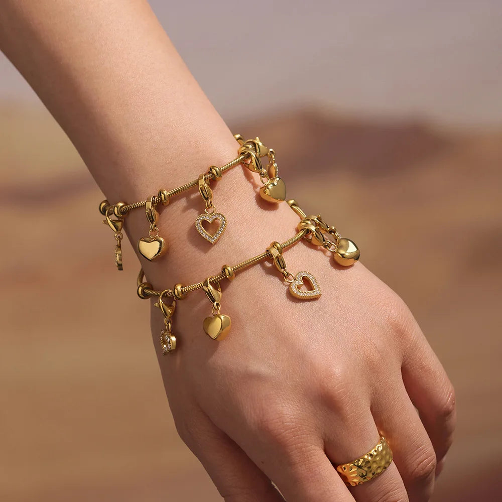 Waterproof Stainless Steel Jewellery 18K Gold-Plated Round Beads Heart Radiant Zirconia Bracelet for Women