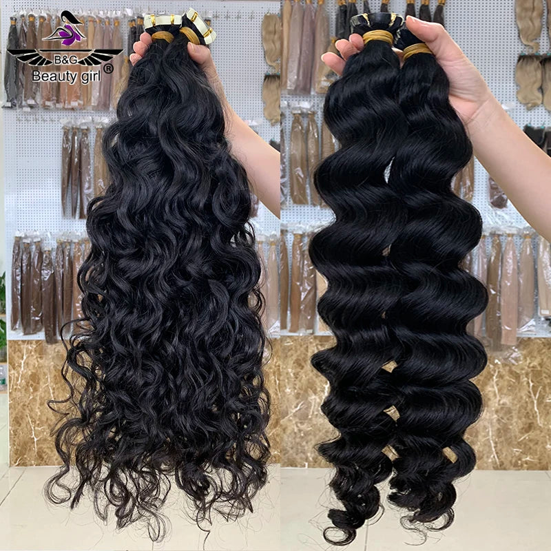 Hot Selling Full Cuticle Aligned Remy Virgin Human Hair Natural Black Wavy Curly Double Drawn Tape Ins Hair Extensions