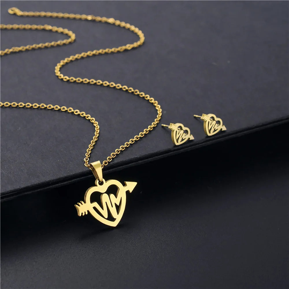Nurse Gift Bijoux Acier Inoxydable Gold Plated Heart Heartbeat Stethoscope Stainless Steel Earrings Necklace Woman Jewrly Sets